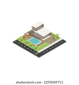 Vektorisometrische Ikone oder Infografik-Element, die Low-Poly-Stadthaus, Villa, Gasthaus mit Straße für Stadtplan-Erstellung darstellen