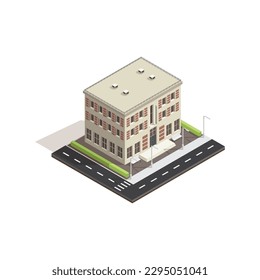 Vector isometric icon or infographic element representing low poly city school university building with road for city map creation