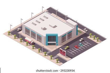 Vector isometric icon or infographic element representing low poly shopping mall or supermarket building