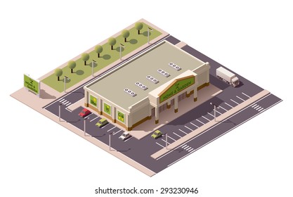 Vector isometric icon or infographic element representing low poly shopping mall or supermarket