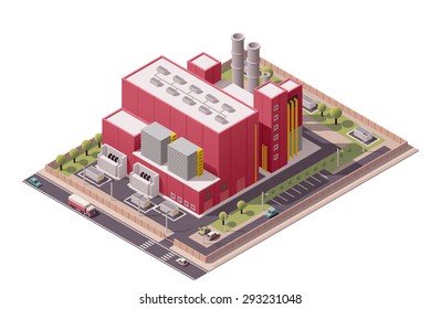 Vector Isometric Icon Or Infographic Element Representing Low Poly Factory Building And Industrial Structures 