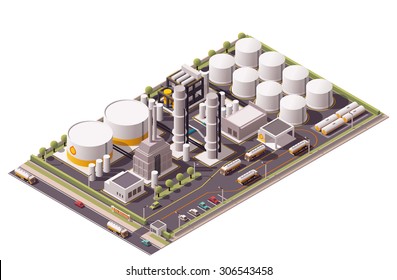 Vector isometric icon or infographic element representing low poly oil refinery plant, oil tanks, semi-trucks with cisterns, and other related facilities
