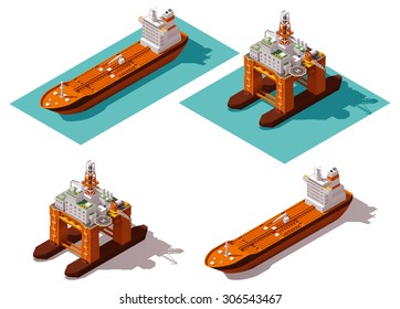 Vector Isometric Icon Or Infographic Element Representing Low Poly Offshore Oil Platform And Oil Tanker Ship