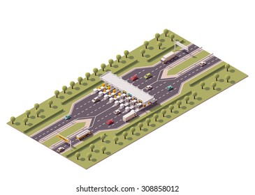 Vector isometric icon or infographic element representing low poly road payment checkpoint with toll barriers on the highway, cars and trucks passing by