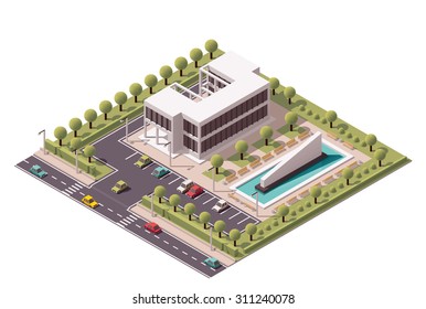 Vector Isometric Icon Or Infographic Element Representing Low Poly Office Building With Fountain And Car Parking 