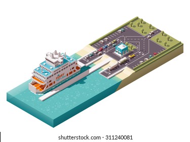 Vector isometric icon or infographic element representing low poly unloading ferry ship in harbor, cars, and ferry ticket office