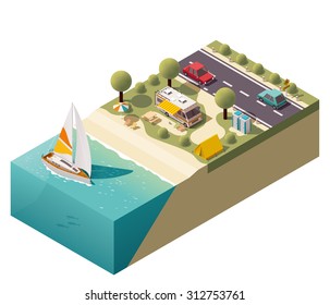 Vector isometric icon or infographic element representing low poly tourist camping, camper van, tent, and camping related equipment on the sea beach