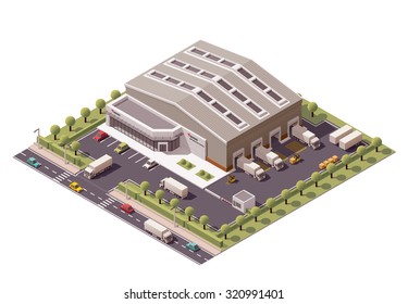 Vector Isometric Icon Or Infographic Element Representing Low Poly Industrial Warehouse Building, Forklifts Unloading Trucks On The Backyard