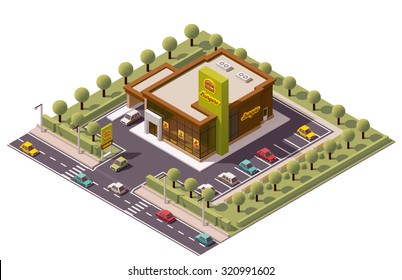 Vector isometric icon or infographic element representing low poly fast food restaurant with car parking and neon advertising sign