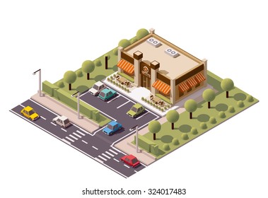 Vector isometric icon or infographic element representing low poly coffee shop or cafe building with tables and chairs outside