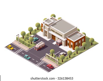 Vector Isometric Icon Or Infographic Element Representing Low Poly Firefighters Department Office Building With Fire Trucks