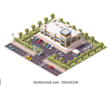 Vector isometric icon or infographic element representing low poly representing police department building with police cars on the yard