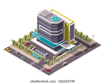 Vector isometric icon or infographic element representing low poly hospital building with ambulance van