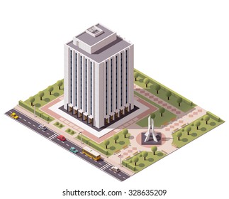 Vector isometric icon or infographic element representing low poly office building with monument in the park