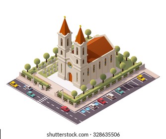 Vector isometric icon infographic element representing low poly old Christian Catholic church building