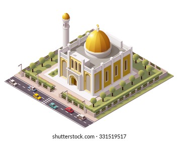 Vector isometric icon or infographic element representing low poly mosque building with minaret