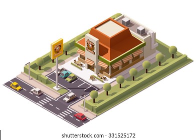 Icono vectorial isométrico o elemento infográfico que representa el edificio de un restaurante de pizzería de baja polilla con signo de publicidad de neón, estacionamiento, autos y calle 