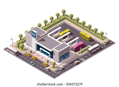 Vector isometric icon or infographic element representing low poly bus station terminal, intercity buses, nearby street and cars on the road