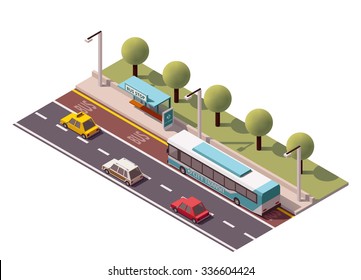 Vector isometric icon or infographic element representing low poly bus approaching bus stop on the street 