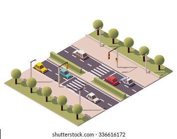 Vector isometric icon or infographic element representing low poly pedestrian zebra road crossing with traffic lights