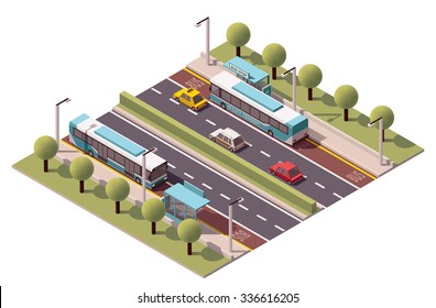 Vector isometric icon or infographic element representing low poly bus approaching bus stop on the street with trees, cars around