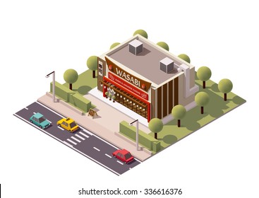 Vector isometric icon or infographic element representing low poly sushi bar or restaurant building with street elements and cars