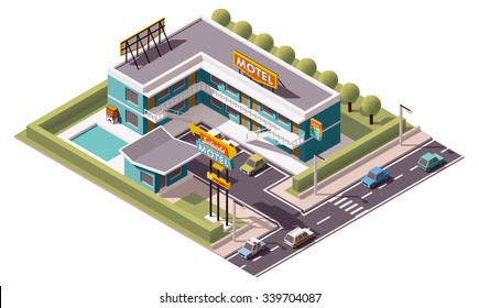 Vector isometric icon or infographic element representing low poly suburban motel or hotel building near the road with cars, camper, parking lot and retro neon sign