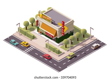 Vector isometric icon or infographic element representing low poly liquor store building  in suburban area, road, cars, retro advertising neon sign