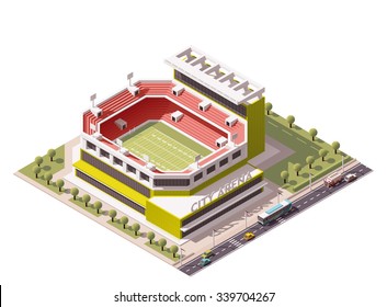Vector isometric icon or infographic element representing low poly American football stadium in the park and street with cars and bus