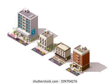 Vector isometric icon or infographic element representing low poly city buildings - office, house with stores and shops