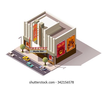 Vector Isometric Icon Or Infographic Element Representing Low Poly Retro City Movie Theater Building With Billboards And Neon Sign