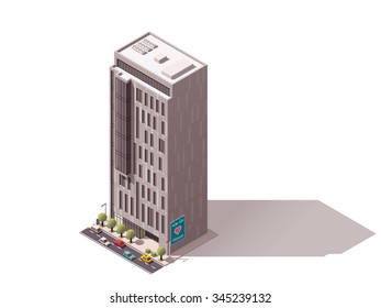Vector isometric icon or infographic element representing low poly city skyscraper building with cars and trees on the street
