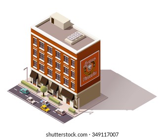 Vector isometric icon or infographic element representing low poly city cafe or restaurant building with cars and trees on the street