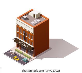 Icono vectorial isométrico o elemento infográfico que representa el edificio de baja polícia con tiendas, autos y árboles en la calle cercana