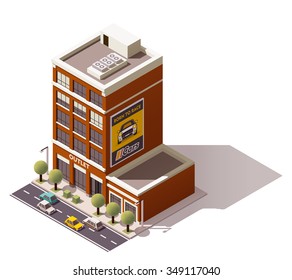 Vector isometric icon or infographic element representing low poly city building with shop,  cars and trees on the streets
