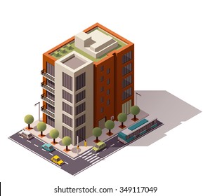 Vector Isometric Icon Or Infographic Element Representing Low Poly City Building With Cars And Trees On The Streets