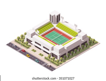 Vector isometric icon or infographic element representing low poly  tennis stadium with cars and buses on the street