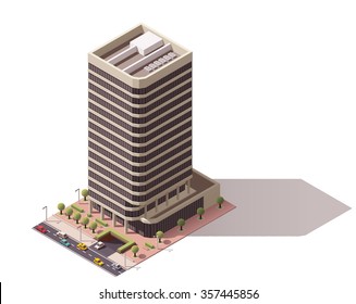 Vector Isometric Icon Or Infographic Element Representing Low Poly Town Skyscraper Apartment And Office Building With Street Roads And Cars For City Map Creation