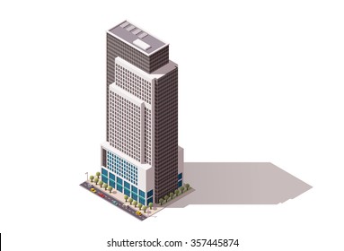 Vector Isometric Icon Or Infographic Element Representing Low Poly Town Skyscraper Apartment And Office Building With Street Roads And Cars For City Map Creation
