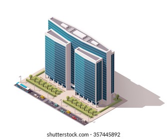 Vector Isometric Icon Or Infographic Element Representing Low Poly Town Skyscraper Apartment And Office Building With Street Roads And Cars For City Map Creation