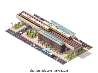 Vector Isometric icon or infographic element representing low poly urban elevated train railway with trains, station building and city transport - cars, taxi and bus