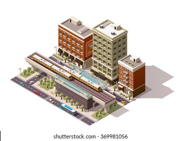 Vector Isometric icon or infographic element representing low poly urban elevated train railway with trains, station building, nearby street houses, and city public transport - cars, taxi and bus