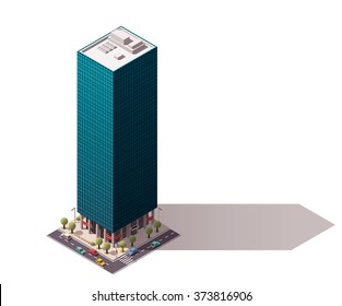 Vector isometric icon or infographic element representing low poly town skyscraper apartment and office building with street roads and cars for city map creation