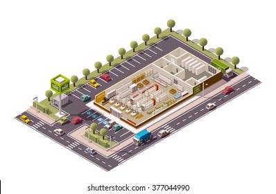 Vector Isometric Icon Or Infographic Element Representing Low Poly Grocery Supermarket Store Cross-section Infographic With Shop Equipment, Fridges, Shelves, Furniture. Parking Lot And Street Included