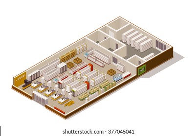 Vector isometric icon or infographic element representing low poly grocery supermarket store cross-section infographic with shop equipment, fridges, shelves, furniture