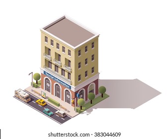 Vector isometric icon or infographic element representing low poly tourist information center building, cars and trees on the street nearby 