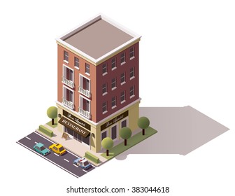 Vector isometric icon or infographic element representing low poly restaurant building, cars and trees on the street nearby