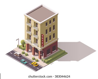 Vector isometric icon or infographic element representing low poly hotel or hostel building, cars and trees on the street nearby