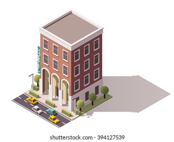 Vector Isometric icon or infographic element representing low poly hostel or hotel building with cars and trees on the street nearby