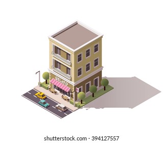 Vector isometric icon or infographic element representing low poly Gelaterie - ice cream cafe building  with awnings, cars and trees on the street nearby